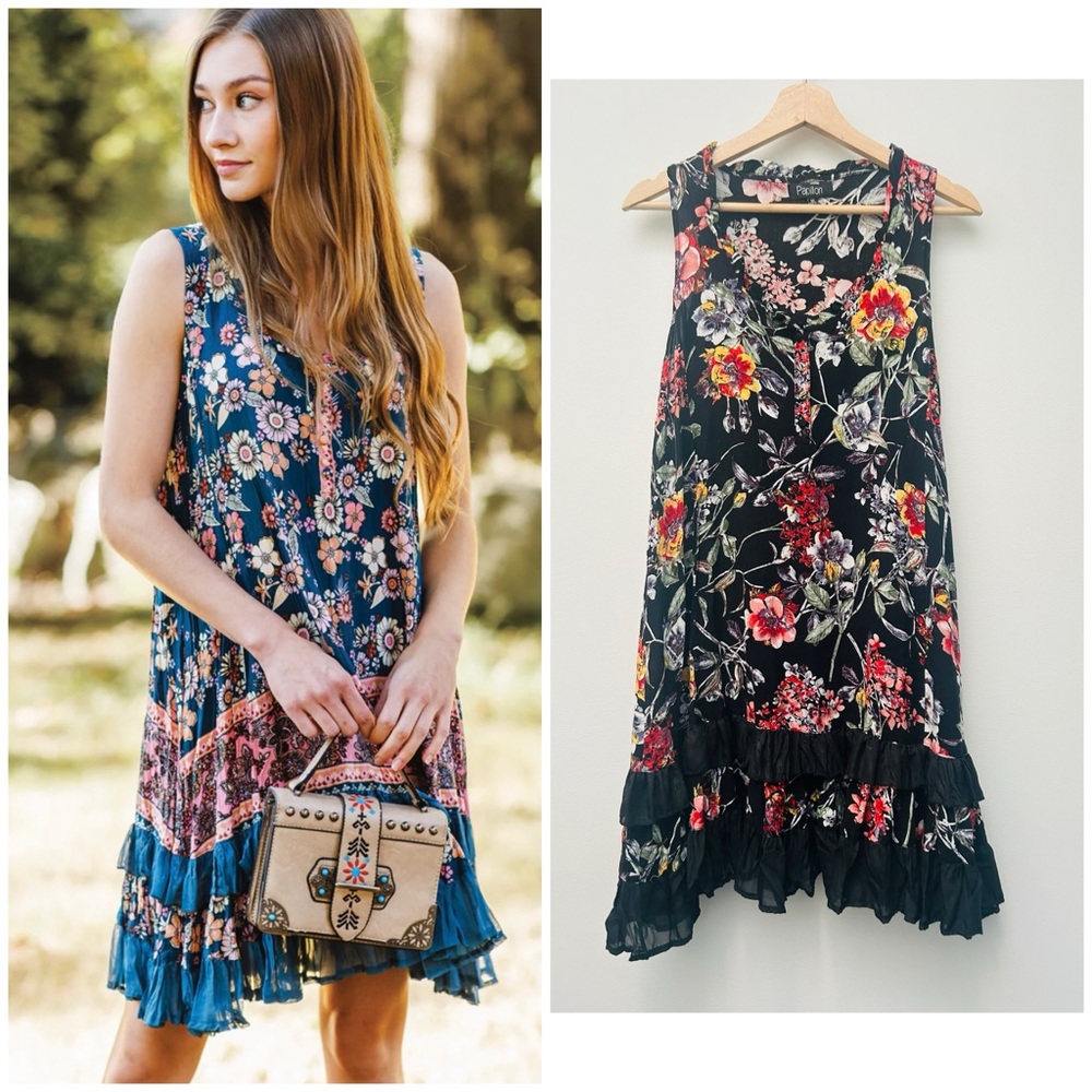 Papillon Floral Ruffled Hem Tiered Shift Dress XS Boho